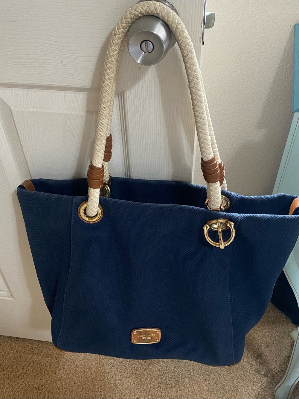 Michael Kors Navy Canvas Tote with Cream Rope Handles and Gold Hardware